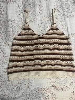 Striped Knit Spaghetti Strap Tank Top - Cream & Brown